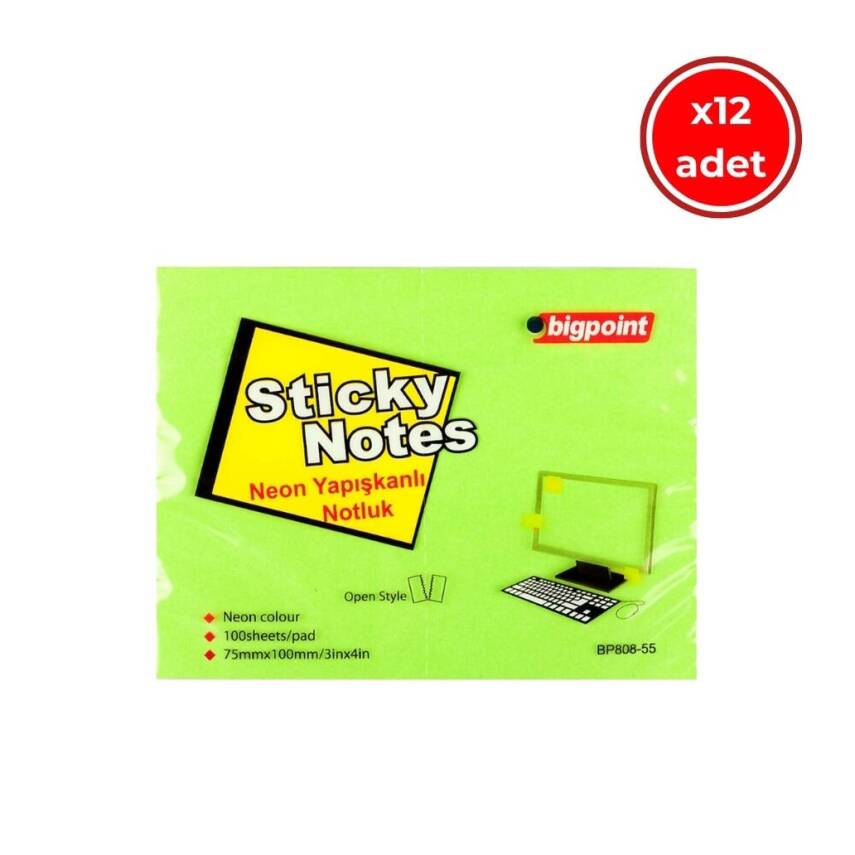 Bigpoint Postit, 12 Adet, 100 Yapraklı, 75 x 100 mm, Neon Yeşil - 1
