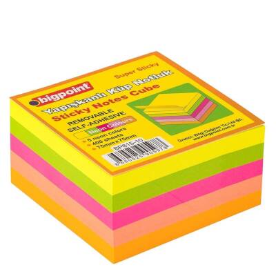 Bigpoint Yapışkanlı Not Kağıdı Küp, Super Sticky, 75x75mm, 5 Neon Renk - Bigpoint