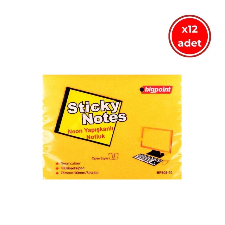 Bigpoint Postit, 12 Adet, 100 Yapraklı, 75 x 100 mm, Neon Turuncu - 1