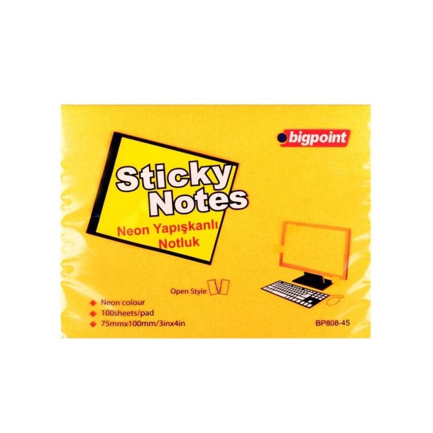 Bigpoint Postit, 12 Adet, 100 Yapraklı, 75 x 100 mm, Neon Turuncu - 2
