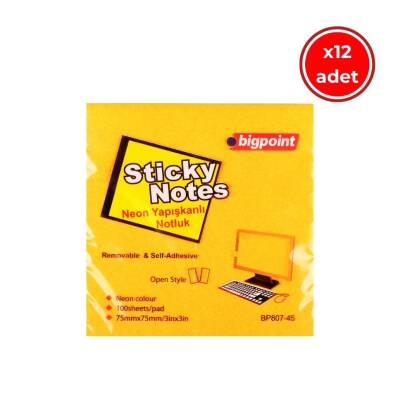 Bigpoint Postit, 12 Adet, 100 Yapraklı, 75 x 75 mm, Neon Turuncu - 1