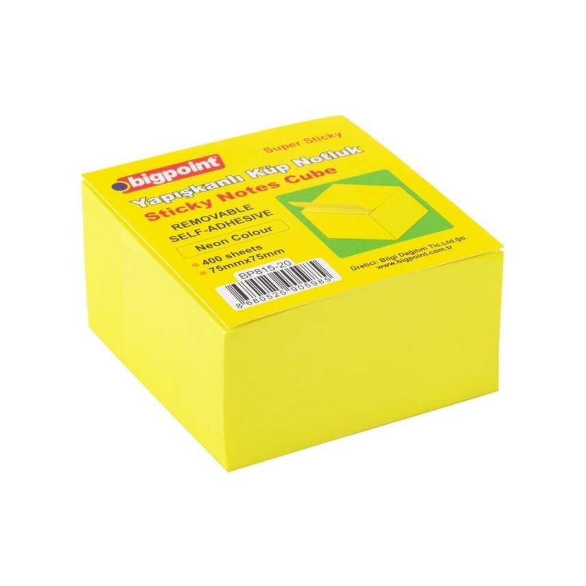 Bigpoint Yapışkanlı Super Sticky Küp, 75x75 mm, Neon Sarı, 400 Yaprak - 1