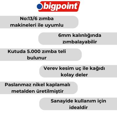 Bigpoint Zımba Teli No: 13/6, 5000 Adet, 10 Adet Kutu, 6 mm Kalınlık - 3