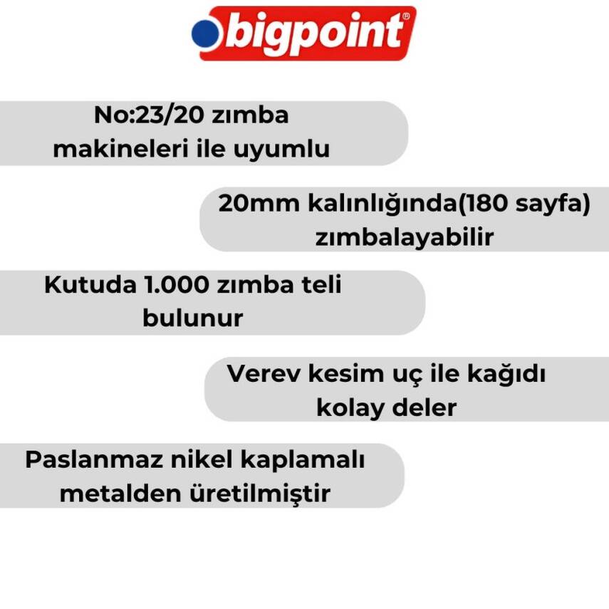 Bigpoint Zımba Teli No:23/20, 1000 Adet, 200 Sayfaya Kadar Uyumlu - 2