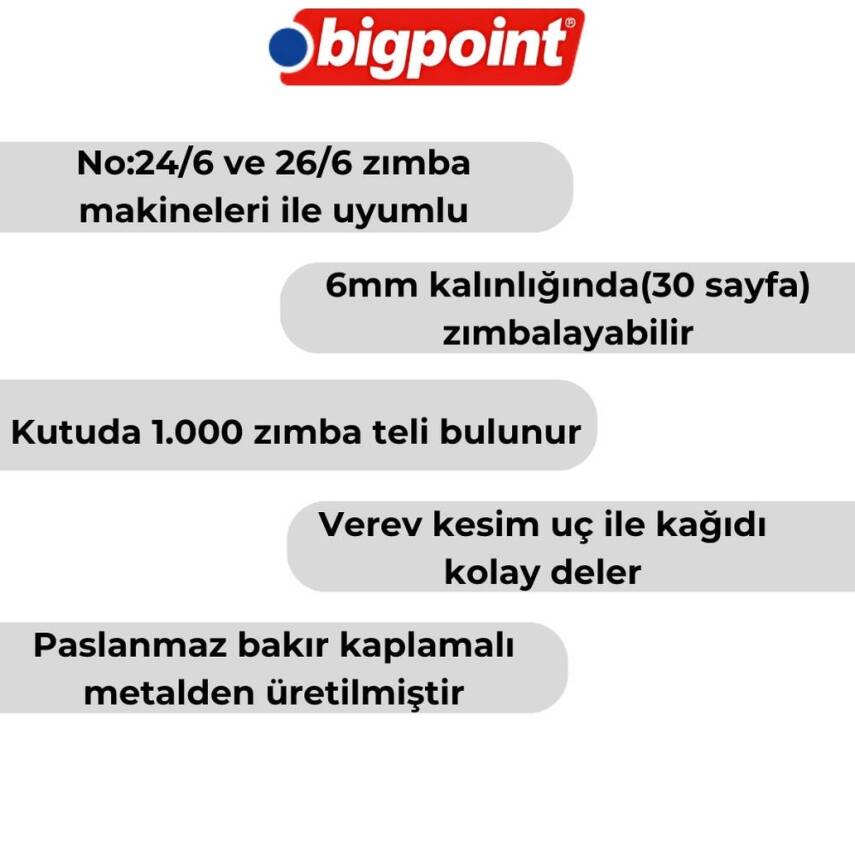 Bigpoint Zımba Teli No:24/6, Sarı, 1000 Adet, 30 Sayfaya Kadar Uyumlu - 2