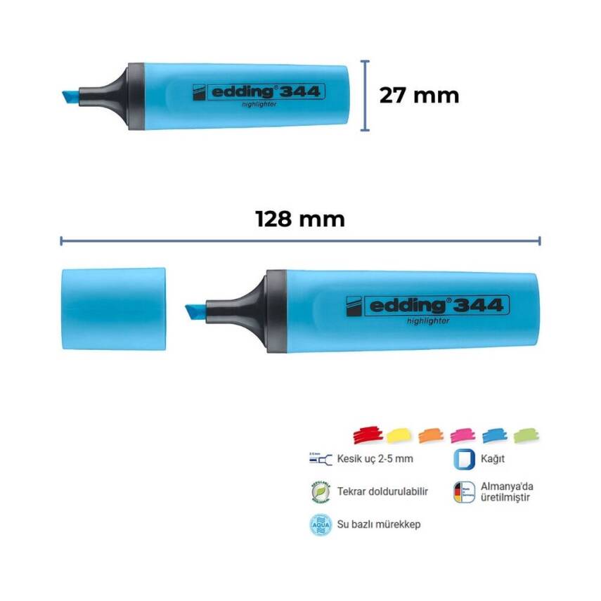 Edding E-344 Fosforlu Kalem, 2-5 mm, Kesik Uçlu, Doldurulabilir, Mavi - 2