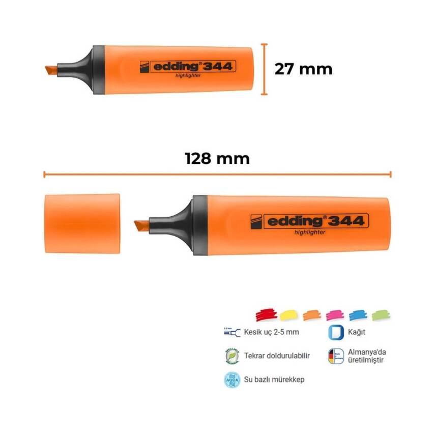 Edding E-344 Fosforlu Kalem, 2-5mm, Kesik Uç, Doldurulabilir, Turuncu - 2