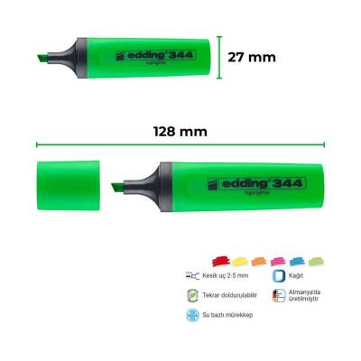 Edding E-344 Fosforlu Kalem, 2-5 mm, Kesik Uç, Doldurulabilir, Yeşil - 2