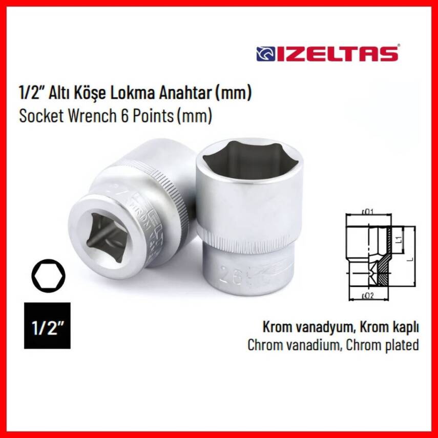 İzeltaş Altı Köşe Lokma Anahtar, 1/2 İnç 10 mm, Yüksek Tork Dayanımı - 3