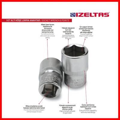 İzeltaş Altı Köşe Lokma Anahtar, 1/2 İnç 22 mm, Yüksek Tork Dayanımı - 6