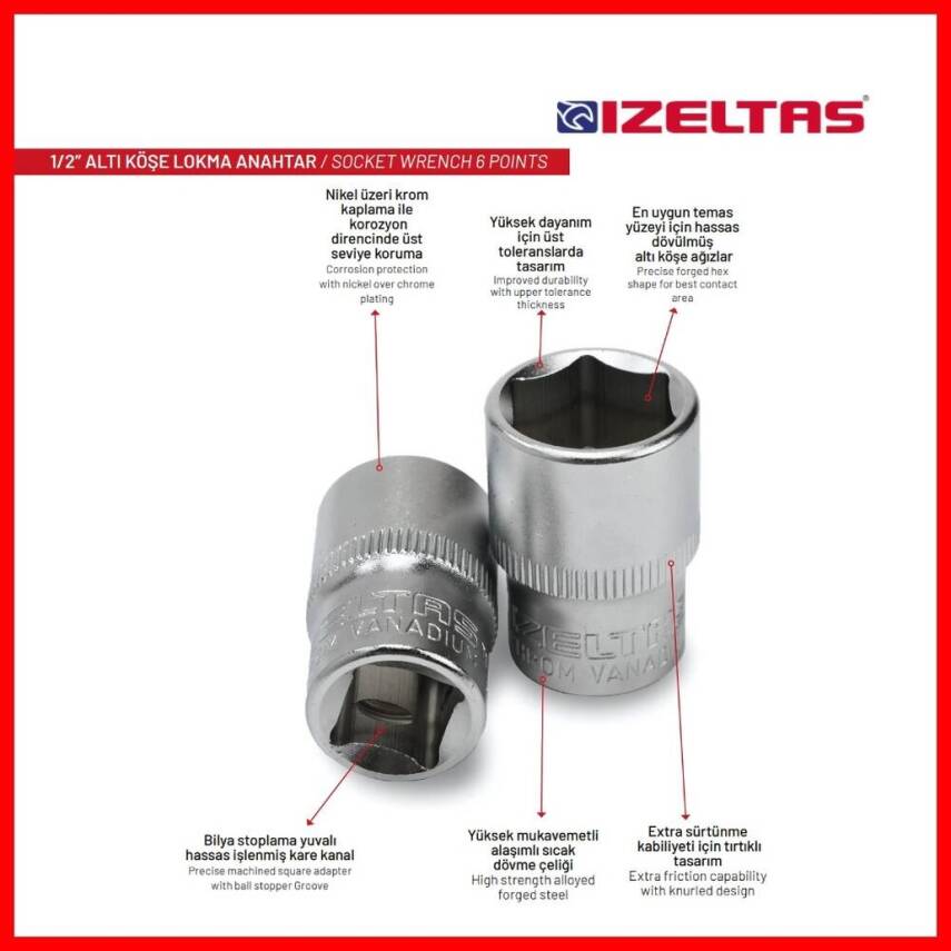 İzeltaş Altı Köşe Lokma Anahtar, 1/2 İnç 24 mm, Yüksek Tork Dayanımı - 6