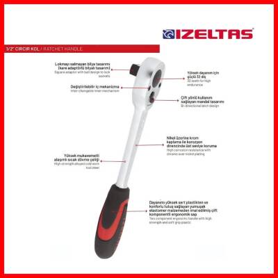 İzeltaş Cırcır Kolu, 1/2 İnç, 250mm, 32 Diş, Dayanıklı, Hassas Kontrol - 5