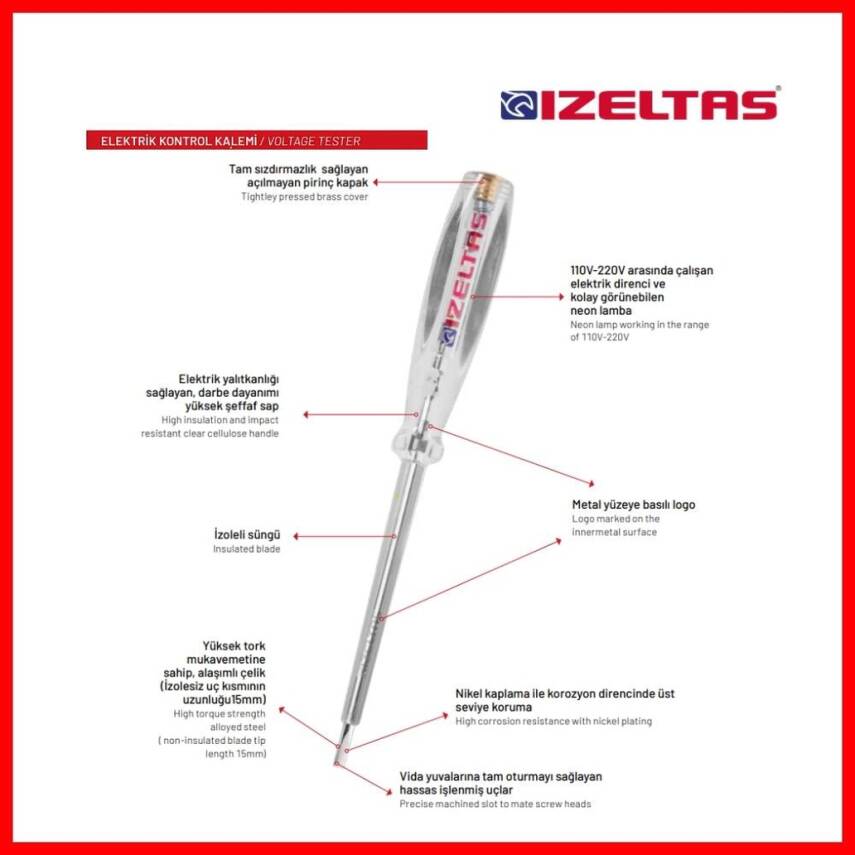 İzeltaş Kontrol Kalemi, 190 mm, Elektrik Akımı Testi, Güvenli, Hassas - 6