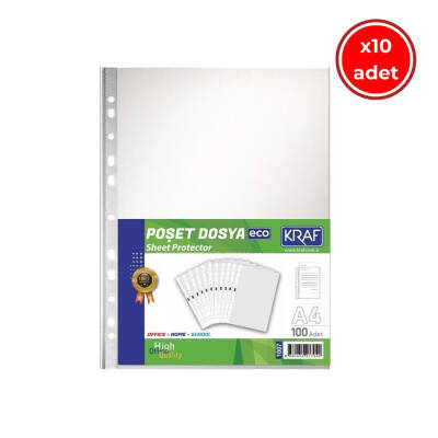 Kraf Eco Poşet Dosya, 10 Adet, 100'lü Paket, A4 Boyut, Şeffaf - Kraf