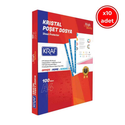Kraf Kristal Poşet Dosya, 10 Adet, 100'lü Paket, A4 Boyut, Şeffaf - Kraf