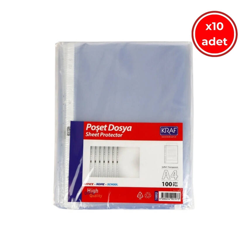 Kraf XL Poşet Dosya, 10 Adet, 100'lü Paket, A4 Boyut, Şeffaf - 1