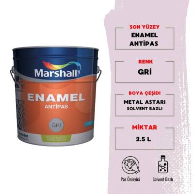 Marshall Enamel Antipas, Solvent Bazlı Metal Astarı, Gri, 2.5 L - 1