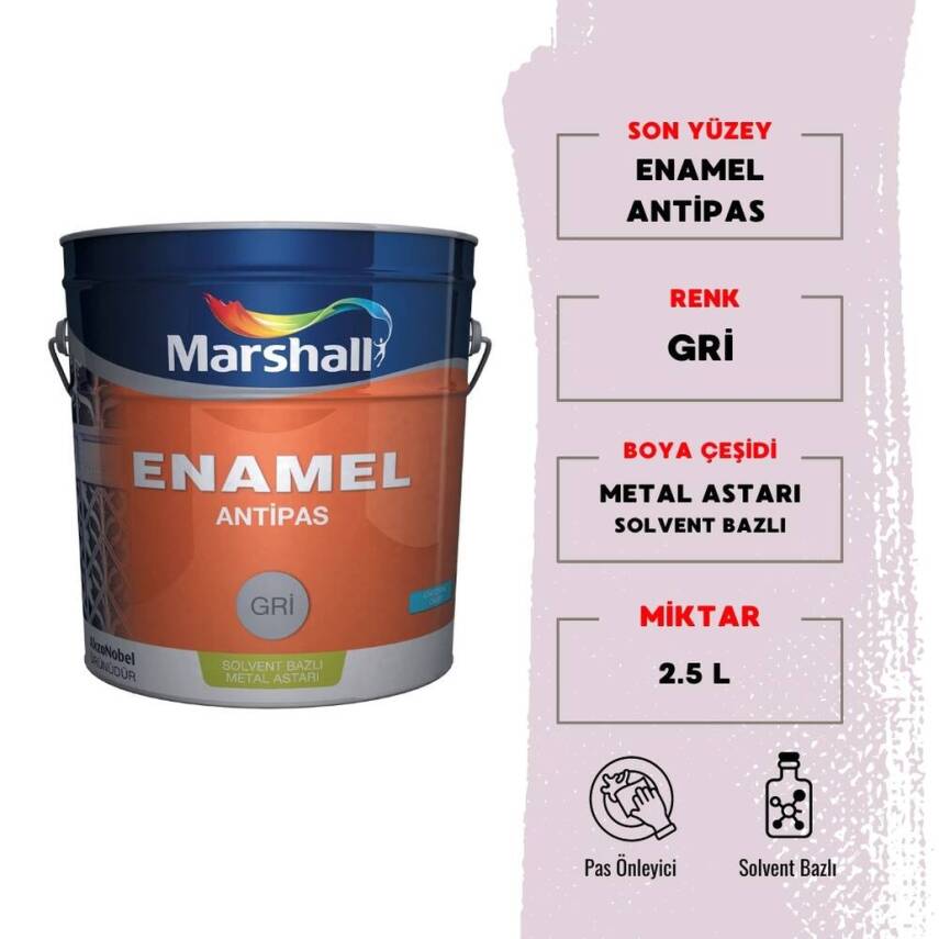 Marshall Enamel Antipas, Solvent Bazlı Metal Astarı, Gri, 2.5 L - 1