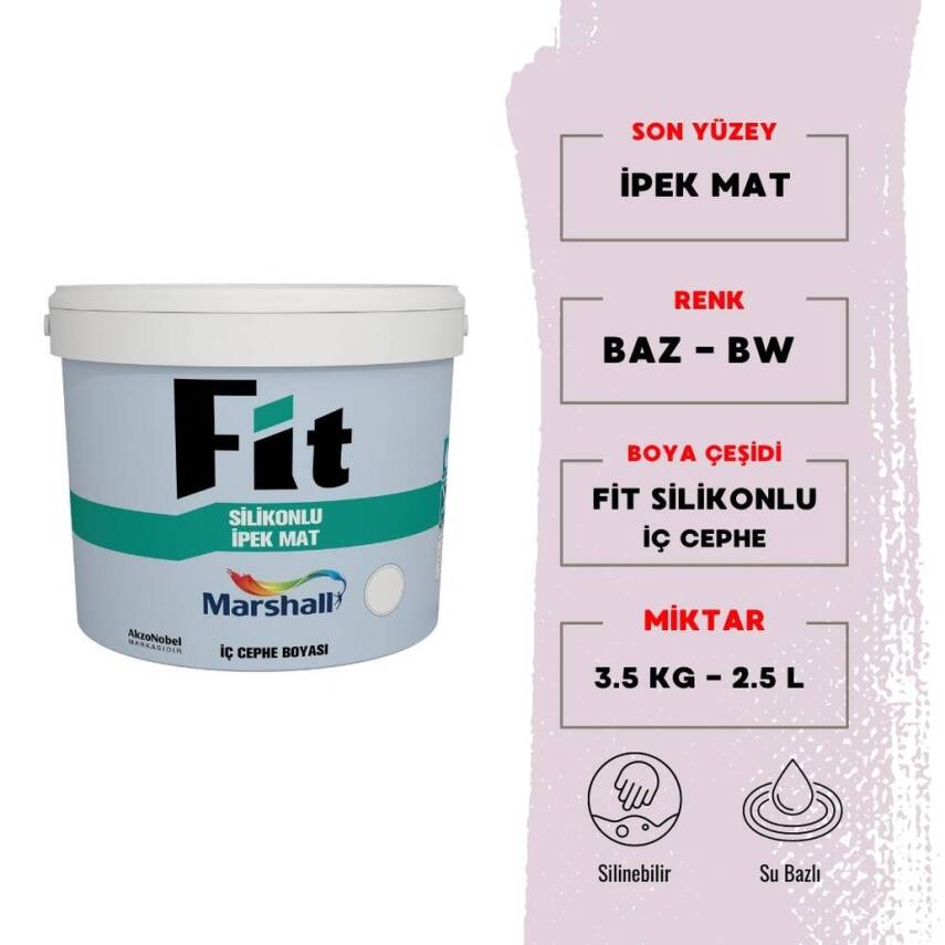 Marshall Fit Silikonlu İpek Mat, İç Cephe Boyası, BW, 2.5L, 3.5kg - 1