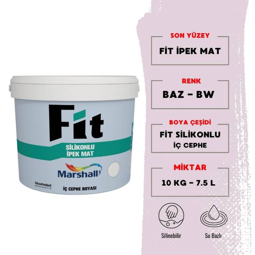 Marshall Fit Silikonlu İpek Mat, İç Cephe Boyası, BW, 7.5L, 10kg - 1