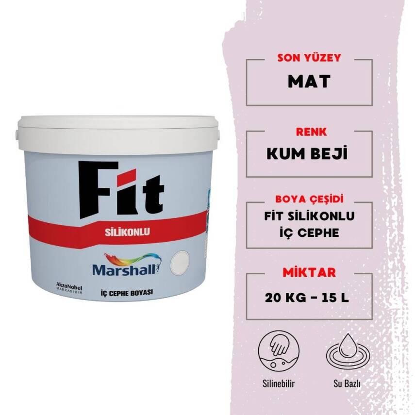 Marshall Fit Silikonlu, Su Bazlı İç Cephe Boyası, Kum Beji, 15L, 20kg - 1