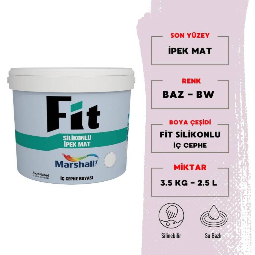 Marshall Silikonlu İpek Mat, Su Bazlı İç Cephe Boyası, BW, 2.5L, 3.5kg - 1