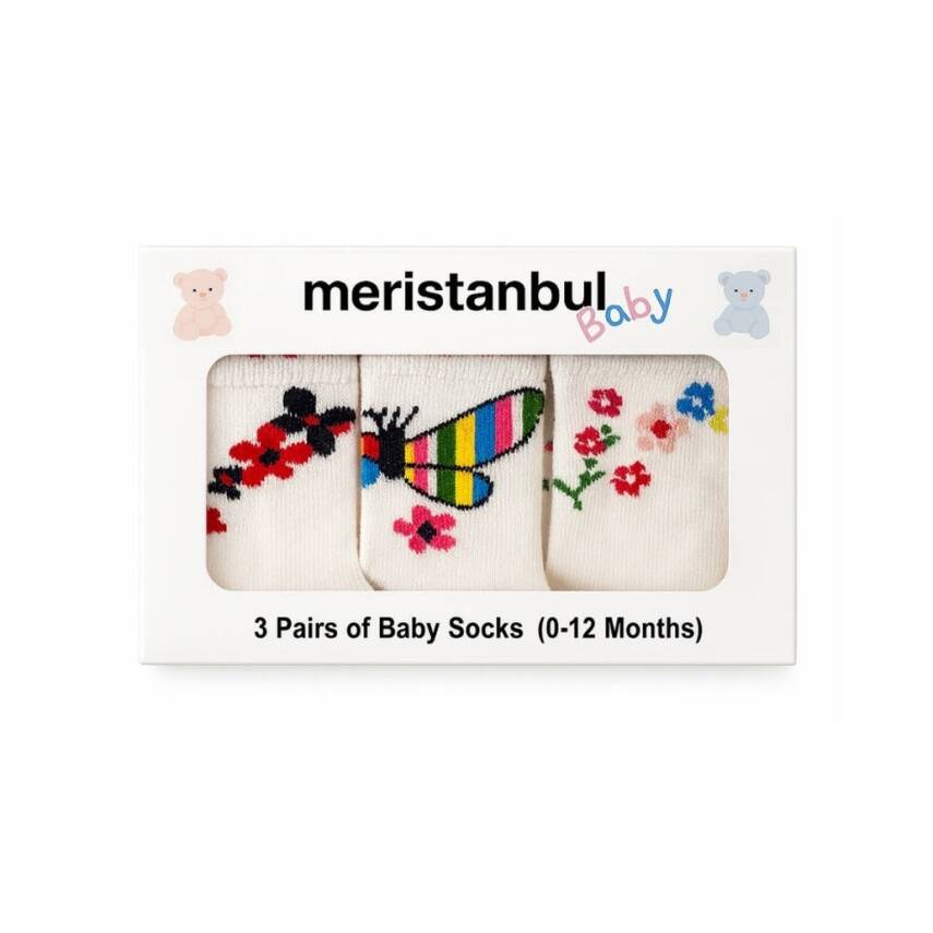 Meristanbul Bebek Çorap Seti, 3-6 ay, 3'lü, Çicek ve Kelebek Desenli - 1