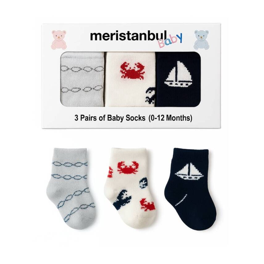 Meristanbul Bebek Çorap Seti, 9-12 ay, 3'lü, Yengeç, Yelken ve Gözlük - 1