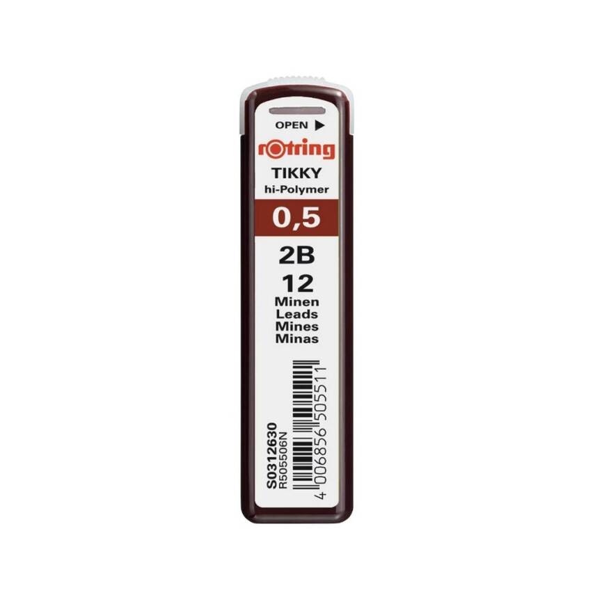 Rotring Min 0.5 mm 2B Kalem Ucu, 12 Uçlu, Yüksek Polimer, Siyah - 1