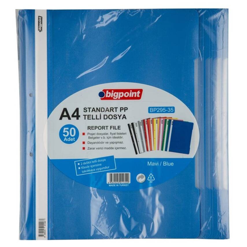 Bigpoint Telli Dosya, 50'li Paket, Kalın Kapaklı, A4, Metal Tel, Mavi - 1