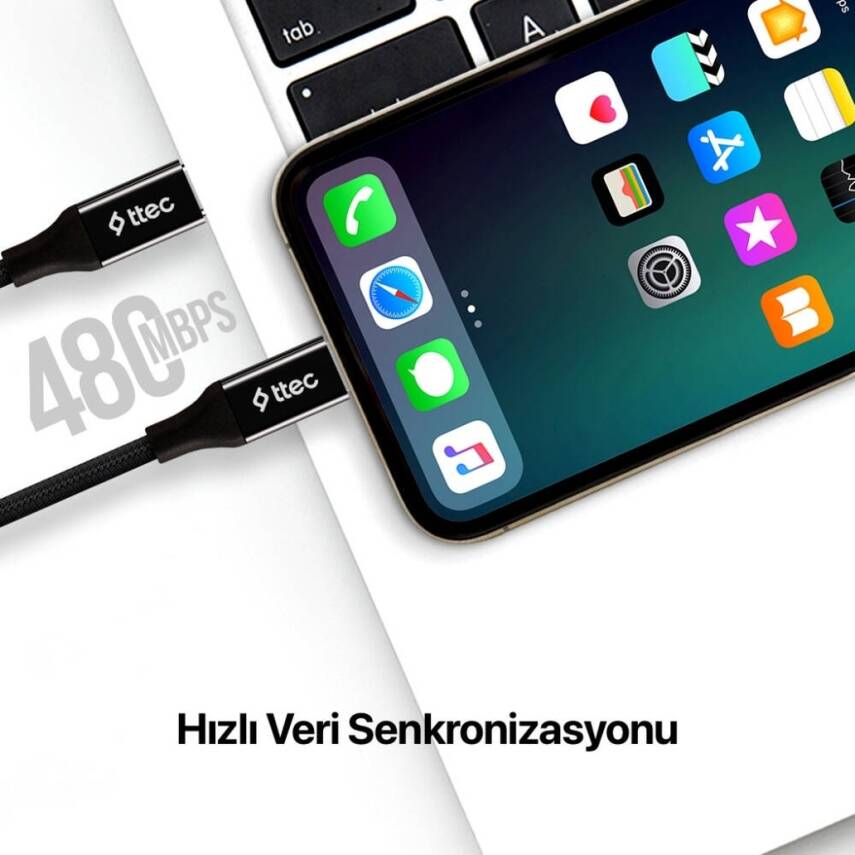 Ttec AlumiCable Hızlı Şarj Kablosu, USB-C - Lightning, 1.5 m, Siyah - 5