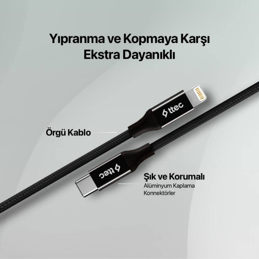 Ttec AlumiCable Hızlı Şarj Kablosu, USB-C-Lightning, 1.5 m, Uzay Grisi - 4