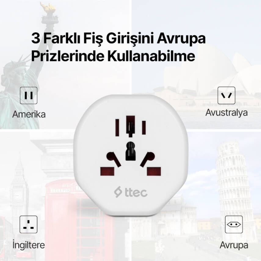Ttec Dönüştürücü Adaptör, Avrupa Tipinden Evrensele, 3 Farklı Fiş - 7