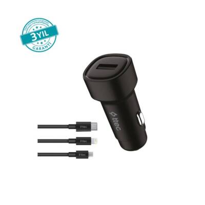 Ttec SmartCharger Araç Şarj Aleti, Trio Kablo, 2.4A, 12 W, Siyah - TTEC