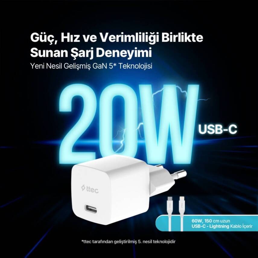 Ttec SmartCharger Hızlı Şarj Aleti + USB-C - Linghtning Kablo, Beyaz - 6