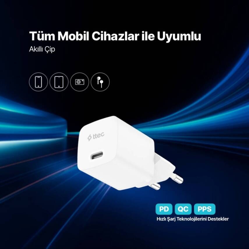Ttec SmartCharger Seyahat Hızlı Şart Aleti + USB-C-USB-C Kablo, Beyaz - 7