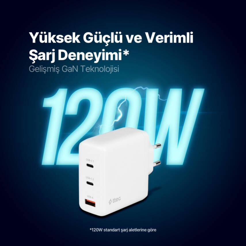 Ttec SmartCharger Trio GAN Hızlı Şarj Aleti, 2 USB-C+USB-A, 120W PD - 8