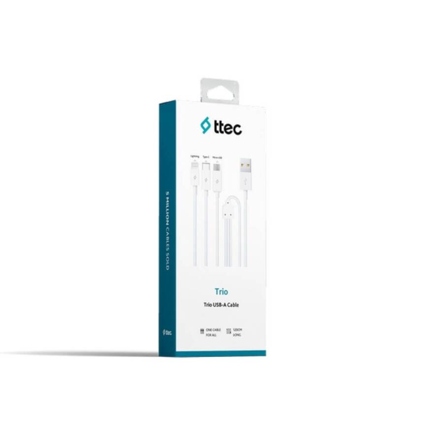 Ttec Trio Şarj Kablosu, 1.2 m, USB-A-USB-C/Lightning/Micro USB, Beyaz - 2