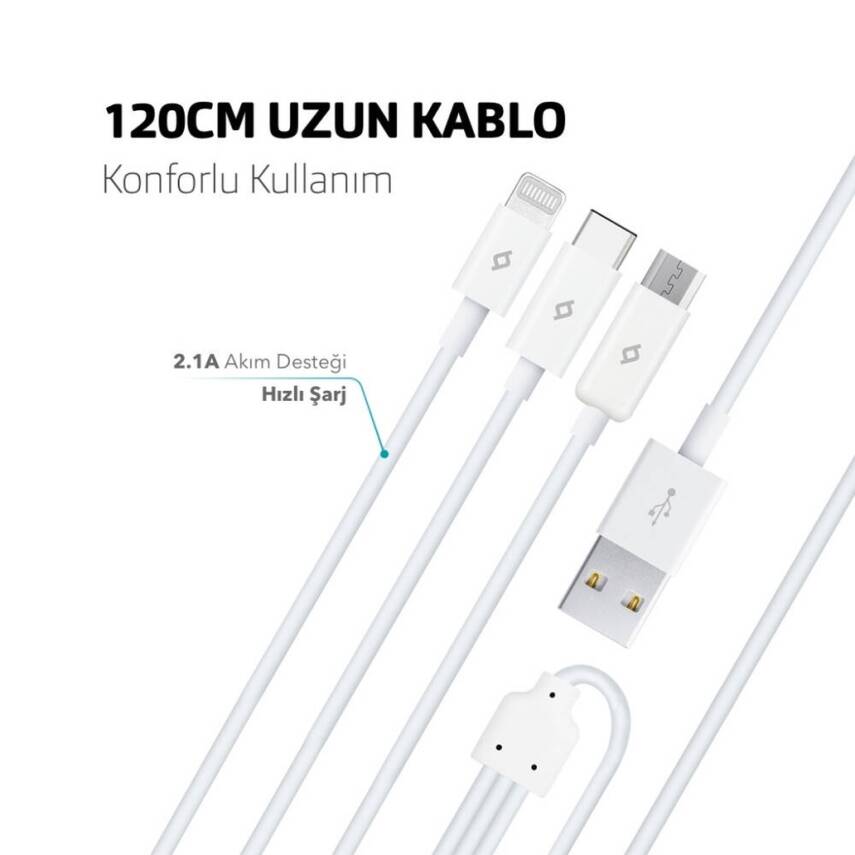Ttec Trio Şarj Kablosu, 1.2 m, USB-A-USB-C/Lightning/Micro USB, Beyaz - 3