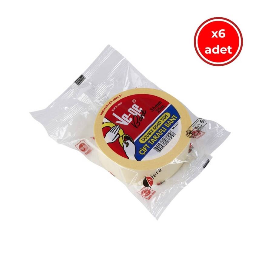 Ve-Ge Çift Taraflı Bant, 6 Adet, 36 mm x 25 m, İz Bırakmaz - 1