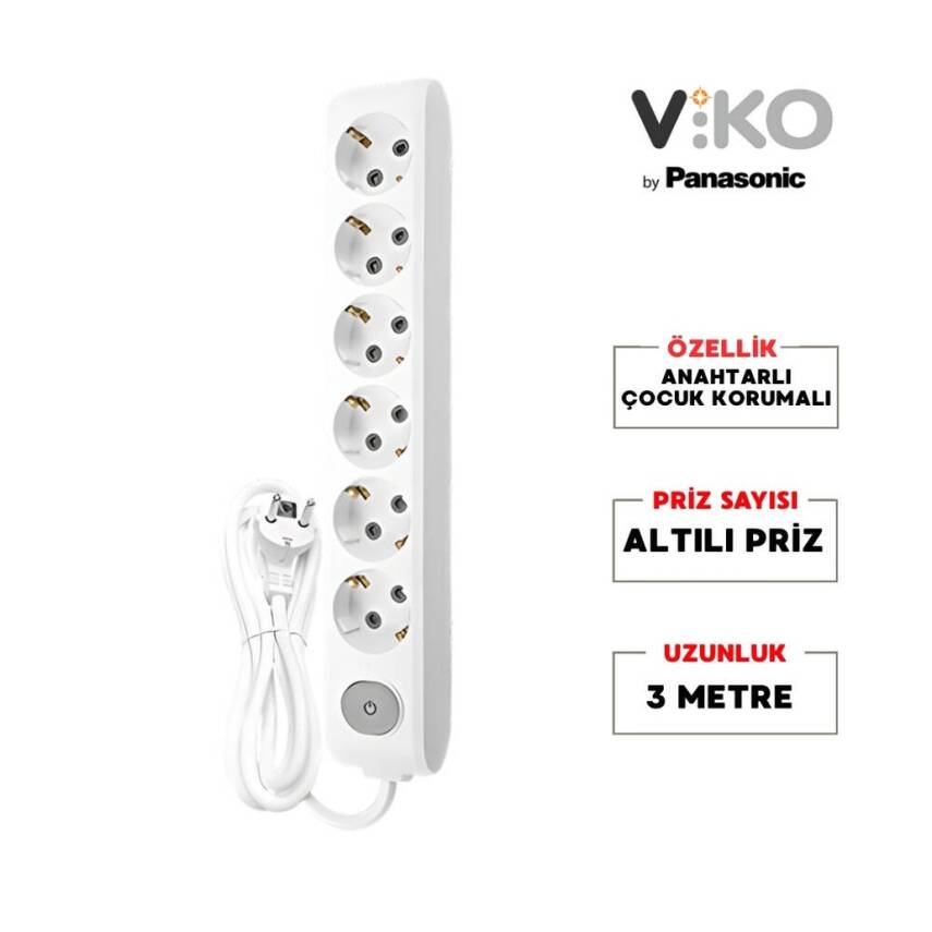 Viko Altılı Çoklu Priz, Anahtarlı, Uzatma Kablosu, 6lı, 3m, Beyaz - 2