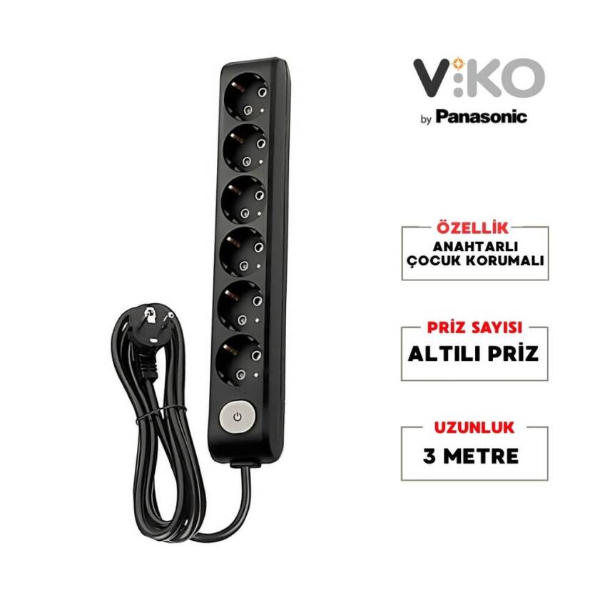Viko Altılı Çoklu Priz, Anahtarlı, Uzatma Kablosu, 6lı, 3m, Siyah - 2