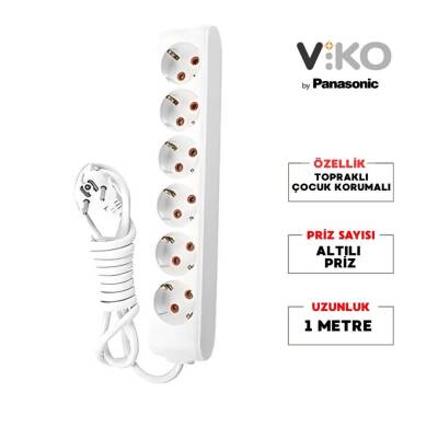 Viko Altılı Çoklu Priz, Topraklı, Uzatma Kablosu, 6lı, 1m, Beyaz - 2