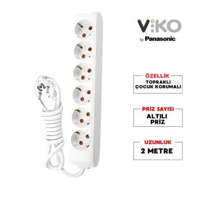 Viko Altılı Çoklu Priz, Topraklı, Uzatma Kablosu, 6lı, 2m, Beyaz - 2