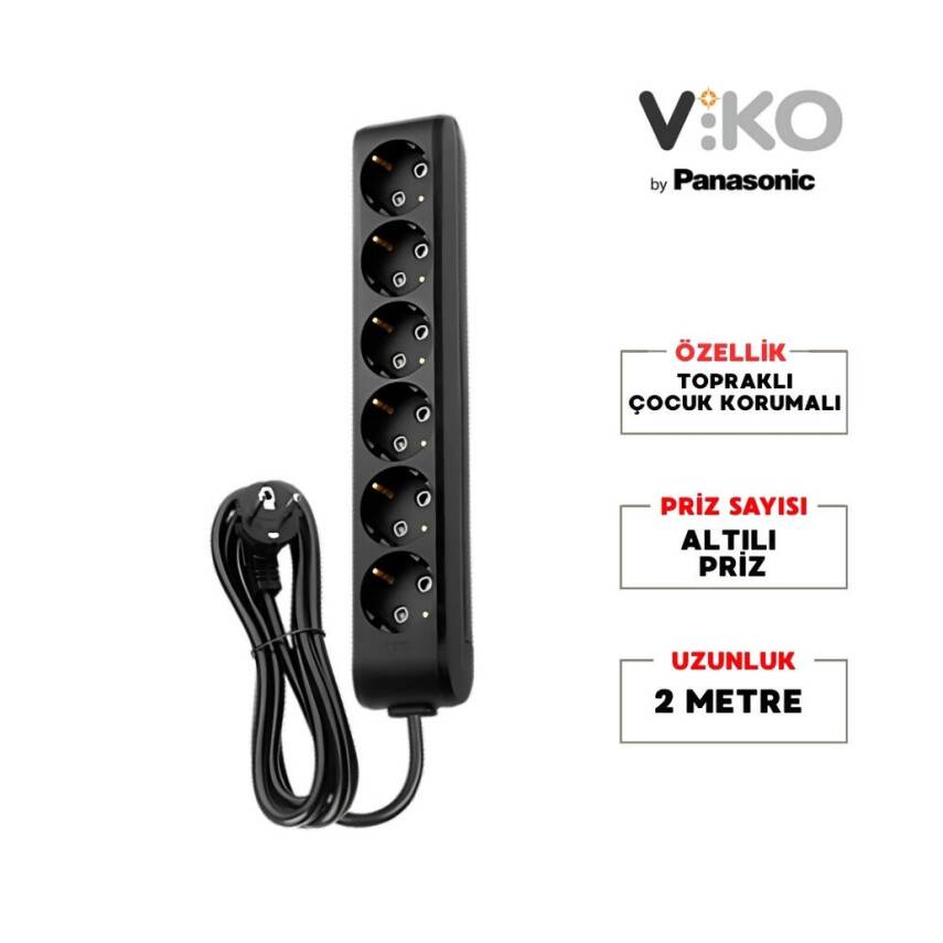 Viko Altılı Çoklu Priz, Topraklı, Uzatma Kablosu, 6lı, 2m, Siyah - 3