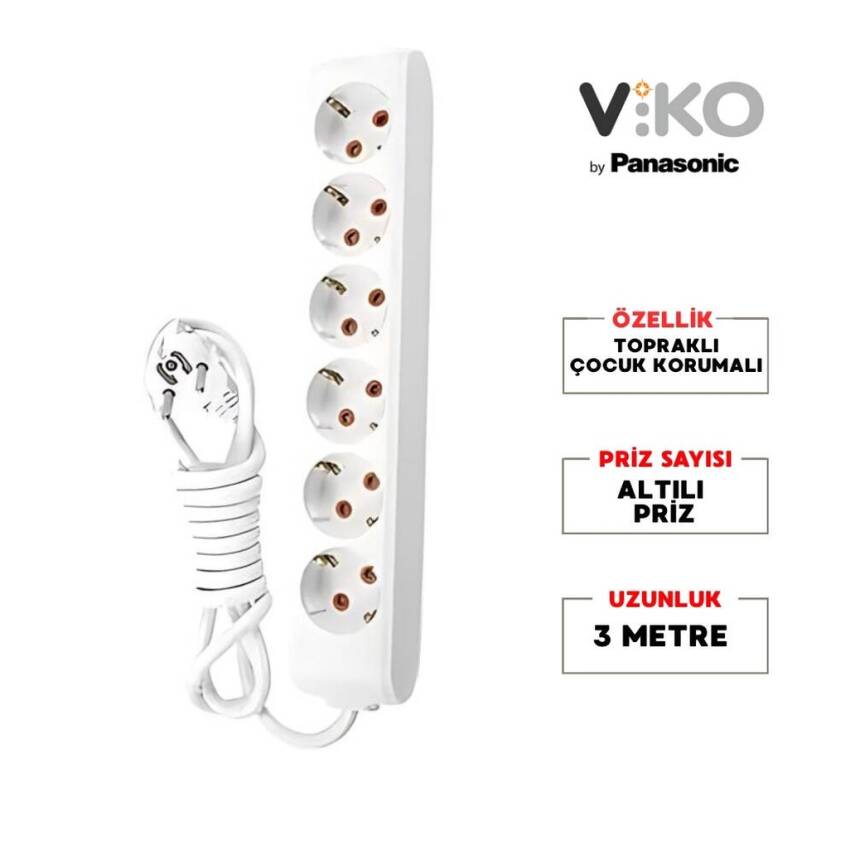 Viko Altılı Çoklu Priz, Topraklı, Uzatma Kablosu, 6lı, 3m, Beyaz - 2