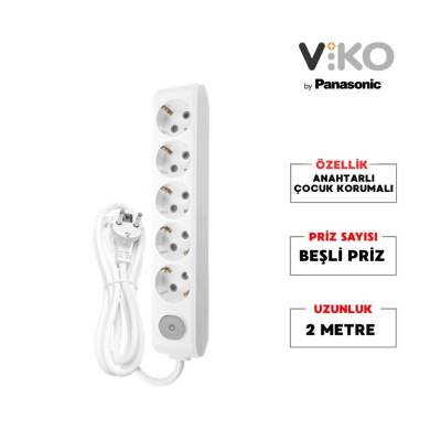 Viko Beşli Çoklu Priz, Anahtarlı, Uzatma Kablosu, 5'li, 2m, Beyaz - 2
