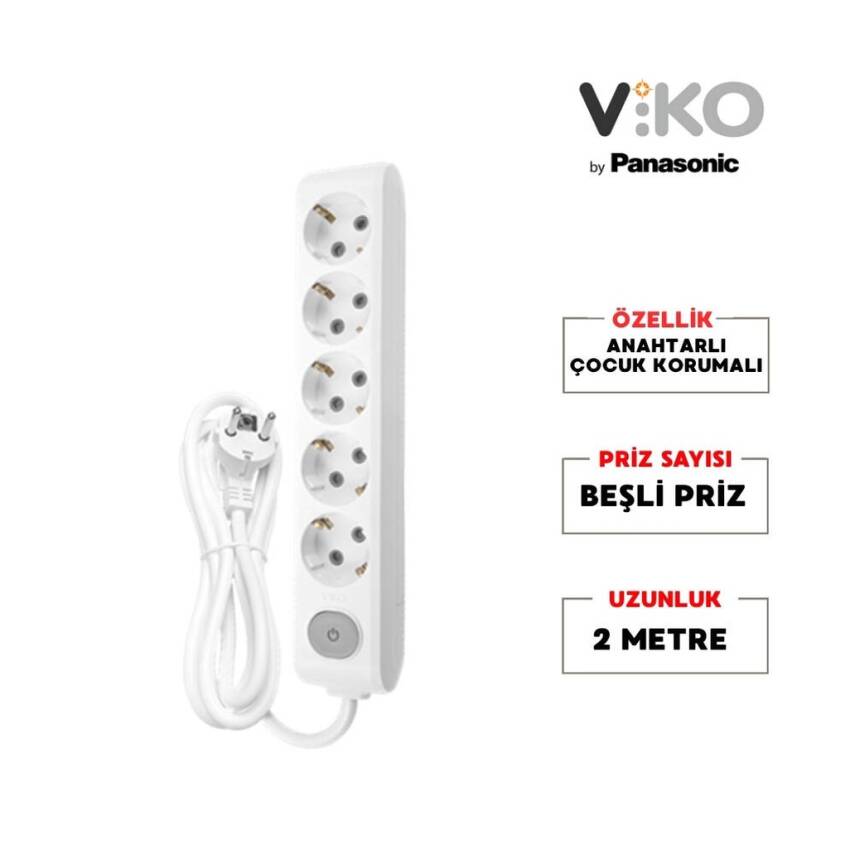 Viko Beşli Çoklu Priz, Anahtarlı, Uzatma Kablosu, 5'li, 2m, Beyaz - 2