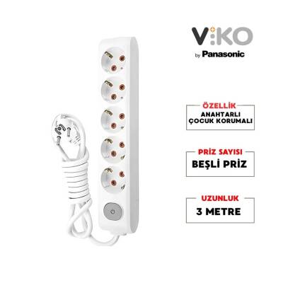 Viko Beşli Çoklu Priz, Anahtarlı, Uzatma Kablosu, 5'li, 3m, Beyaz - 2