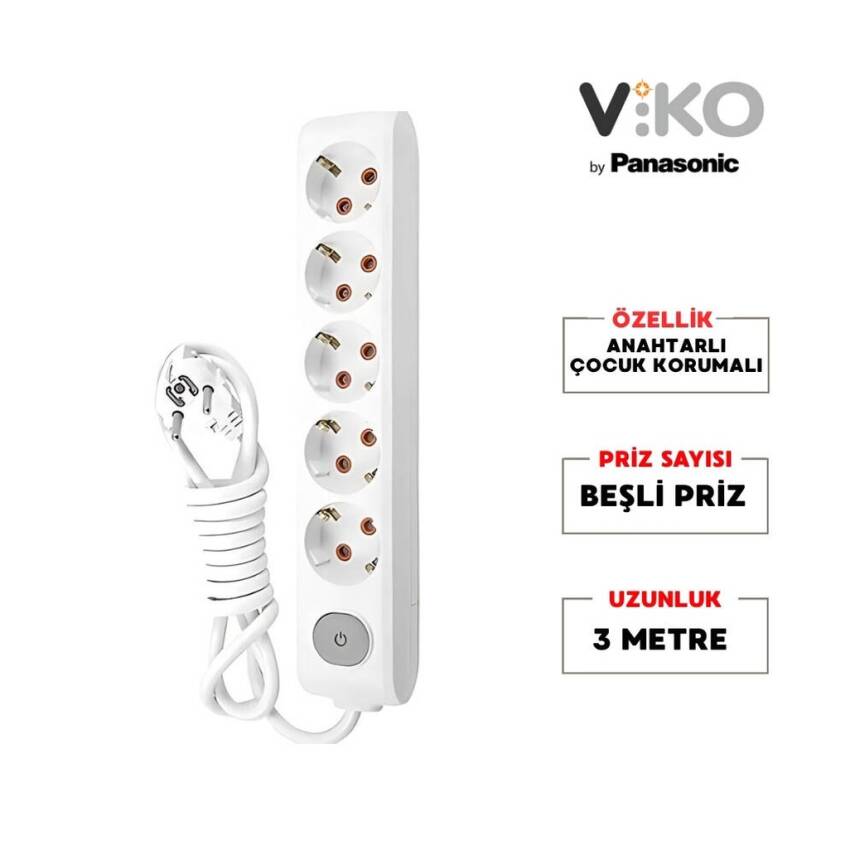 Viko Beşli Çoklu Priz, Anahtarlı, Uzatma Kablosu, 5'li, 3m, Beyaz - 2